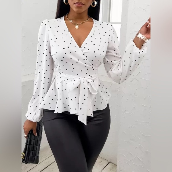 Heart Print Belted Wrap Peplum V-Neck Blouse Long Sleeve Top - Picture 4 of 8